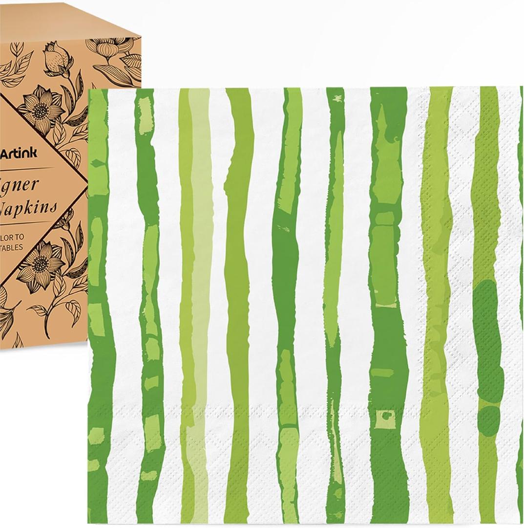 80 Pack Designer Cocktail Beverage Napkins, 3-Ply 5x5-inches Disposable Decorative Fall Winter Green and White Stripe Watercolor Napkin for Wedding Birthday Anniversary Party Baby Shower