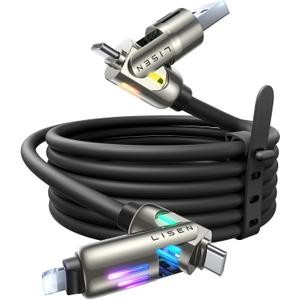 LISEN 240W USB-C Charge Cable, Chubby USB C Cable, 4 in 1 Charging Cable (6.6FT) with Light, USB A/C to C/L Multi Charging Cable for iPhone 16 15 14 13 12 Pro Max, MacBook, iPad, Samsung, Black