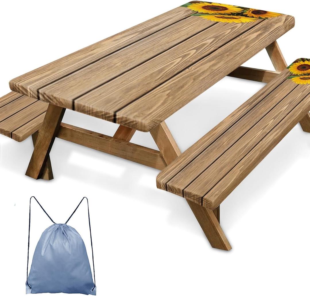 Sunflower Wooden Picnic Table Cover with Bench Covers, Rustic Summer Floral Farmhouse Outdoor Camping Essentials 6FT 3PCS Fitted Rectangle RV Must Haves Tablecloth with Drawstring Bag, 72x30 inches