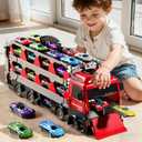 Carrier Truck Race Track Toddlers Toys, Toy Truck Transport Car with 12 Die-Cast Toy Cars, Truck Car Kids Toys Xmas Birthday Gifts for Age 3 4 5 6 7 8 Years Old Boys Girls (Red)