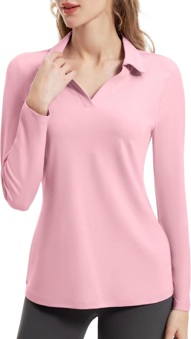FKEEP Women's Tennis Golf Shirt Long Sleeved Top Sport Activewear V-Neck Workout Athletic (Pink, L)