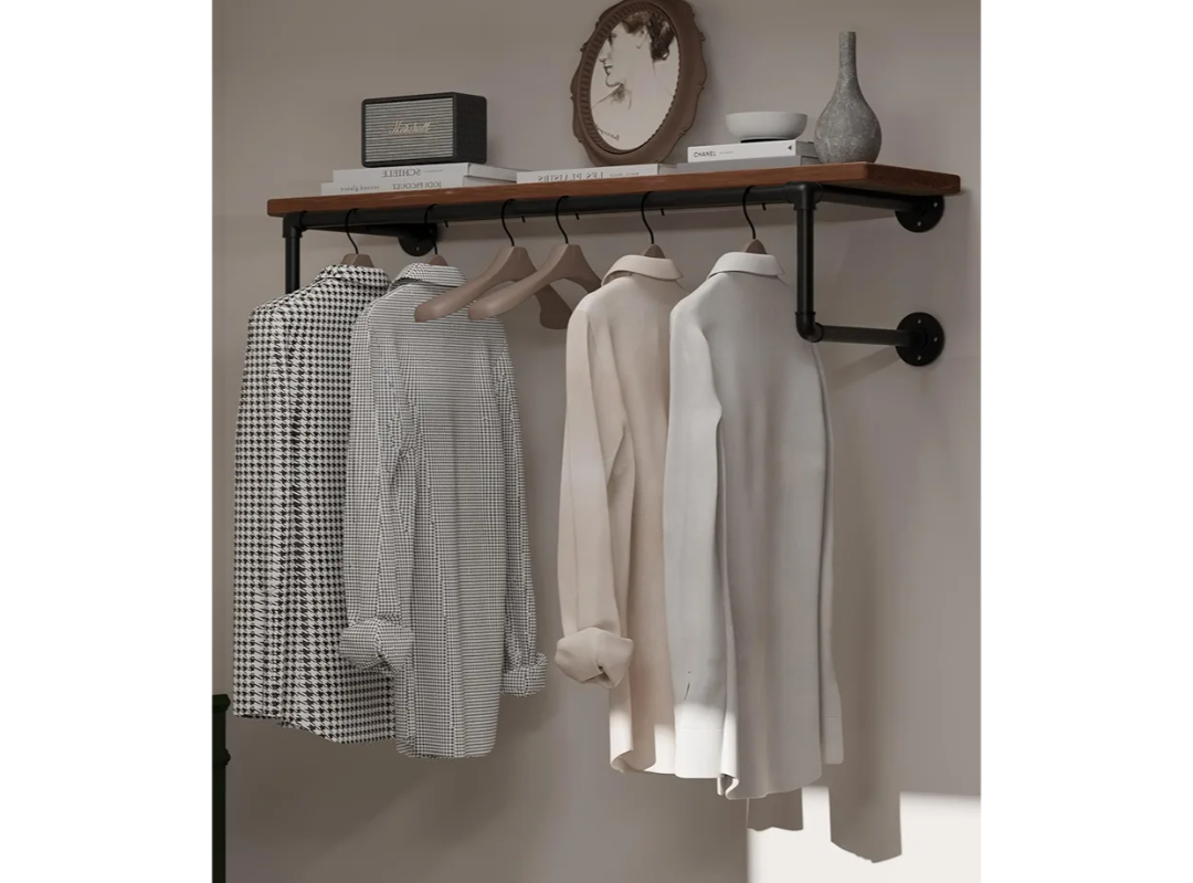 Clothes Rack 36in, Wall Mounted Garment Racks with Brown Real Wood Shelf, Heavy Duty Hanging Clothes Rack, Multi-Purpose Hanging Rod, Space-Saving Closet Storage