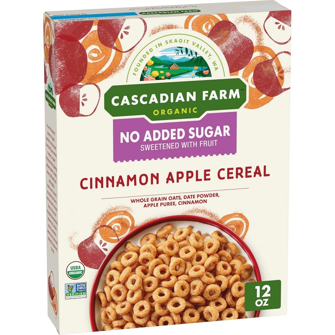 Cascadian Farm Organic Cinnamon Apple Cereal, No Added Sugar, Made with Whole Grain, Non-GMO, 12 oz, Best By 29 January 2026 