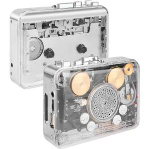 Portable Clear Stereo Auto Reverse Cassette PlayerConvert Tapes to MP3 Format via USB ConverterBuilt-in Cool Copper Wheel Movement Speaker