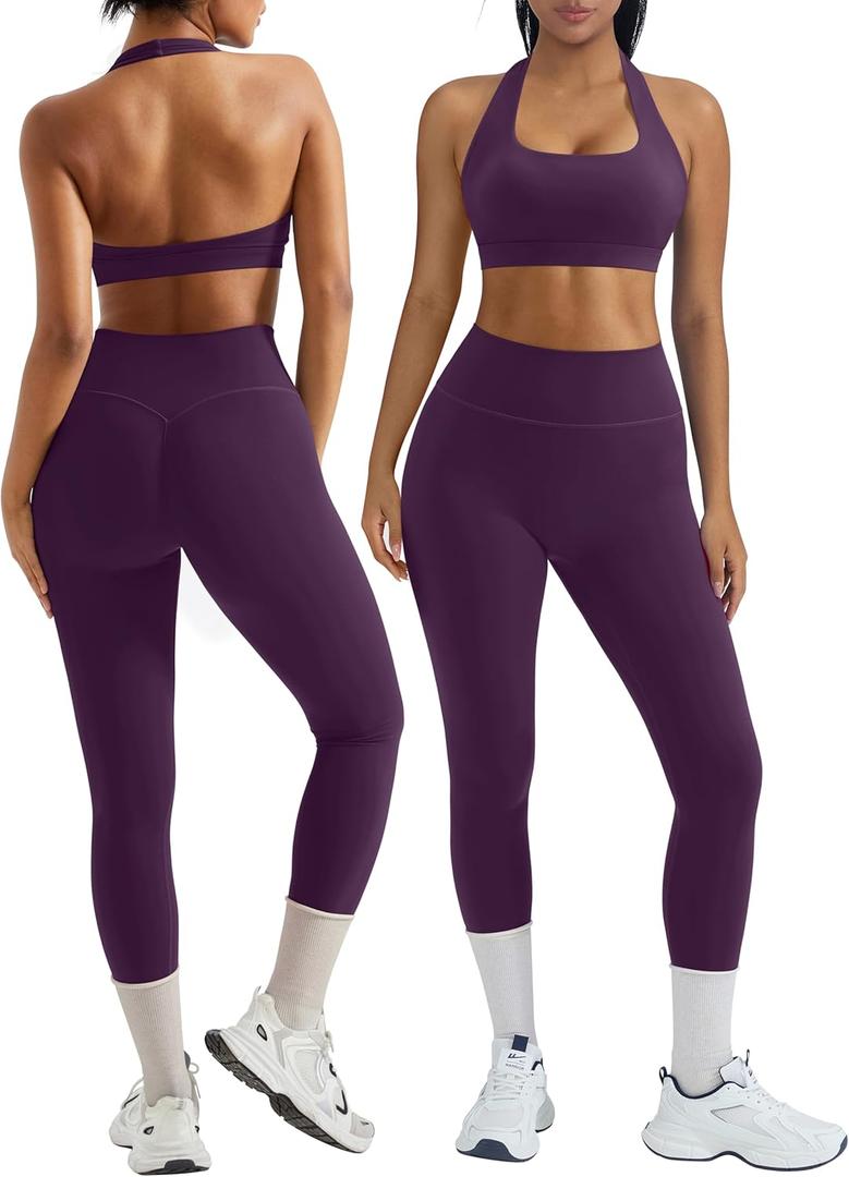 OMKAGI 2 Piece Workout Sets for Women Halter Sports Bras Gym Sets Booty Leggings Outfits (Medium, Violet Purple)