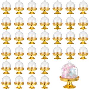 SHENLIU 36 Pack Plastic Mini Cake Stand with Dome Cover Chocolate Candy Cupcake Containers Dessert Display Plate with Clear Lid for Birthday Wedding Holiday Party Supplies (Gold)