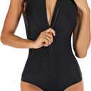 Yateen Womens Rash Guard Zip Front Sleeveless One Piece Swimsuit (Black), M