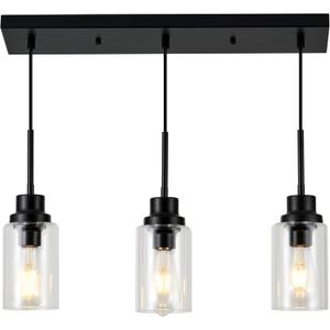 3-Lights Pendant Light Fixtures, Modern Black Kitchen Island Lighting with Clear Glass Shade, Adjustable Hanging Ceiling Lamp