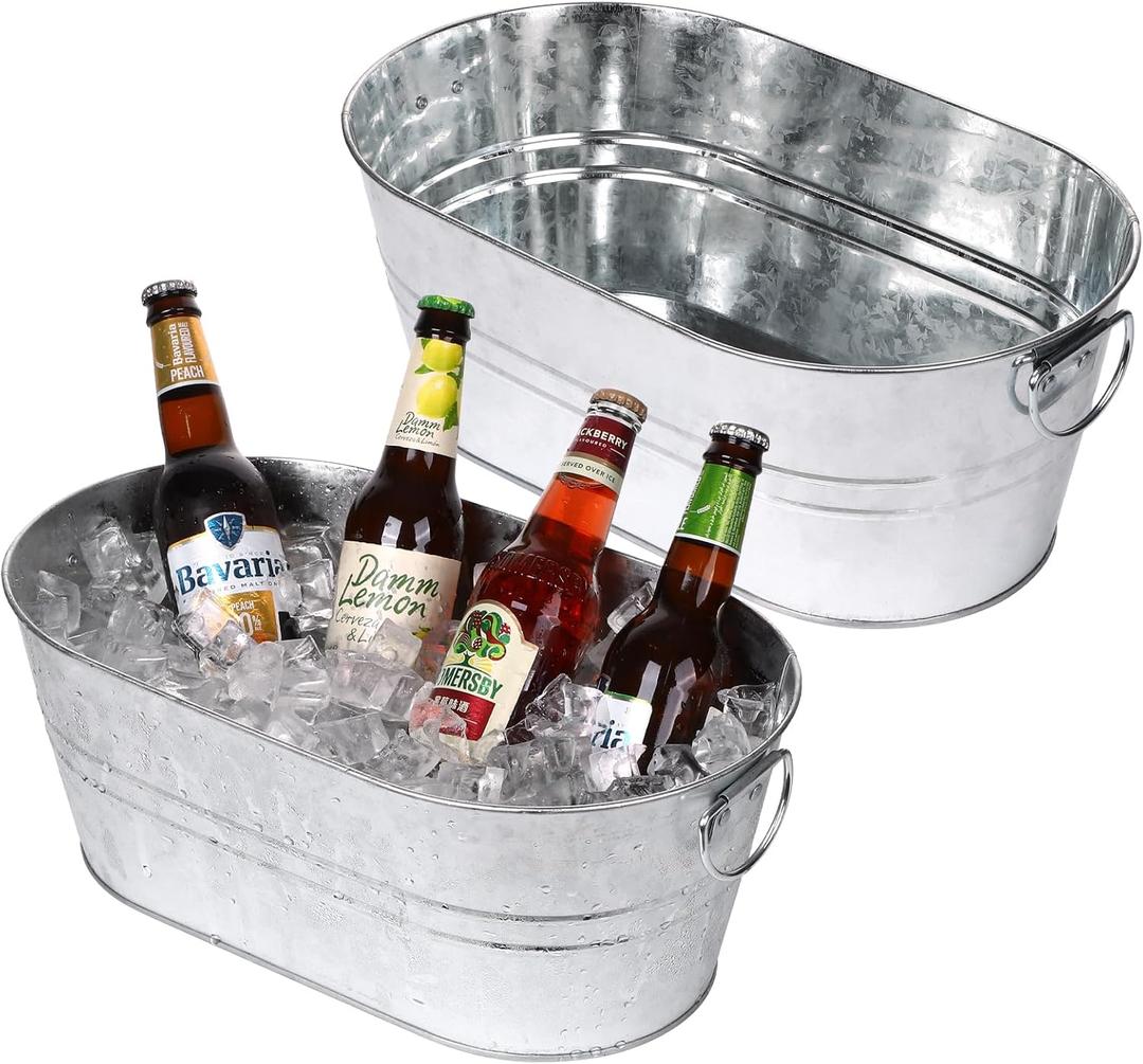 Galvanized Tub Beverage Tubs, 2pcs Metal Ice Buckets for Cocktail Bar 3 Gallon Wine Beer Drink Buckets with Handles Large Tub Cooler Mimosa Bar Supplies Ice Bucket for Parties 15x9x6inch(Galvanized)