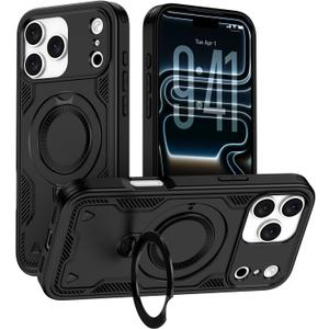 iPhone 17 Pro Max Case with 360° Spin Magnetic Stand Ring Holder, Fit for Mag-Safe, 16FT Mil-Grade Shockproof Dropproof Tough Rugged Protective Case Cover for iPhone 17 Pro Max (6.9 inch), Black