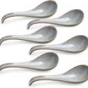 LYEOBOH Ceramic Asian Soup Spoons Set of 6 with Long Handle for Kitchen, Restaurant, Japanese Ramen Spoons with Deep Hook Design, Dishwasher & Microwave Safe, Gray