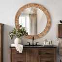 30 Inch Brown Solid Wood Round Wall Mirrors, Decorative Circle Mirror for Bathroom, Bedroom, Living Room, Hallway, Foyer, Entryway