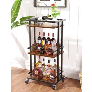 OKZEST 3 Tier Bar Cart for Home, Rolling Mini Liquor Bar for Wine Beverage Dinner Party, Utility Kitchen Storage Island Serving Cart on Wheels, Coffee Bar Cabinet for Kitchen Dining Living Room, Brown
