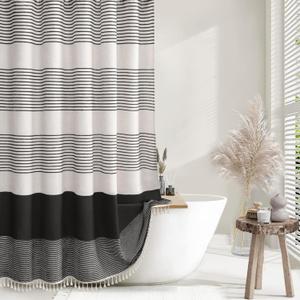 Black Boho Shower Curtains for Bathroom Linen Texture Striped Shower Curtain with Tassel 72 X 72 Natural