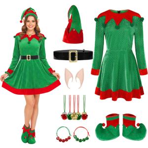 11 Pcs Women Christmas Elf Costume Set Costume Dress Xmas Festive Outfit with Elf Ears Hat Shoes (Green)