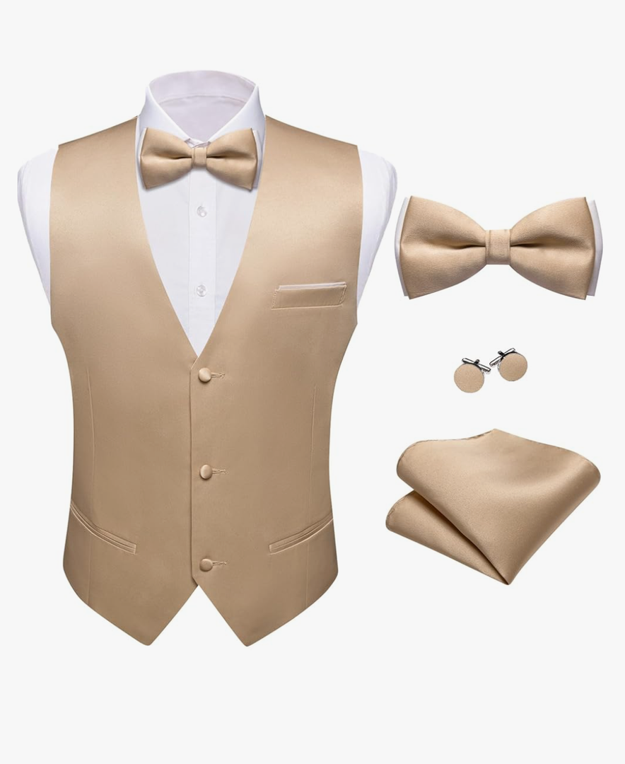 Barry.Wang Mens Suit Vest Bow Tie Set 4PCS Formal V-neck Slim Fit Casual Solid Color Waistcoat Wedding Party Tuxedo