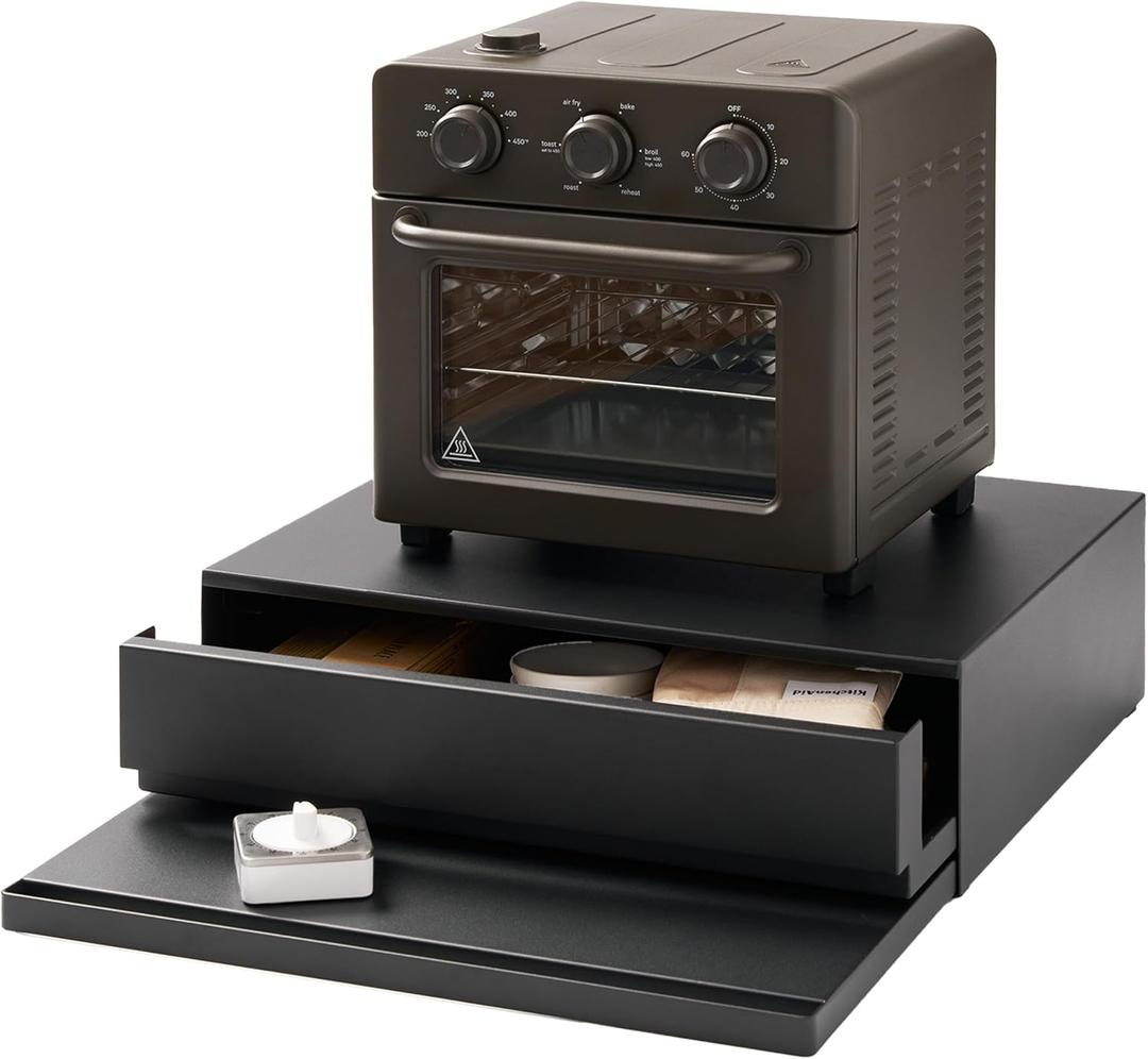 YAMAZAKI Home Tower Kitchen Countertop Organizer Appliance Stand with Drawer and Pull-Out Shelf – Steel Microwave Stand with Drawer, Modern Countertop Shelf Organizer, Black - Steel