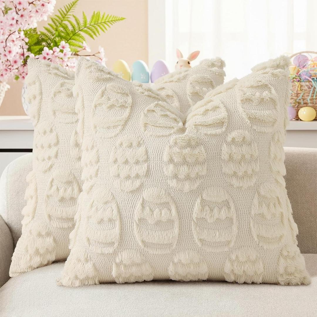 decorUhome Easter Beige Egg Pillow Covers 18x18 Inch Set of 2, Soft Plush Faux Wool Jacquard Cushion Covers, Farmhouse Neutral Fuzzy Spring Easter Holiday Decor for Couch Sofa Bed
