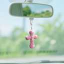 Bling Car Hanging Ornament, Double-Sided Cross Crystal Rhinestone Vehicle Rear View Mirror Charm, Cute Diamond Rearview Mirror Pendant, Universal Auto Interior Accessories (Pink)