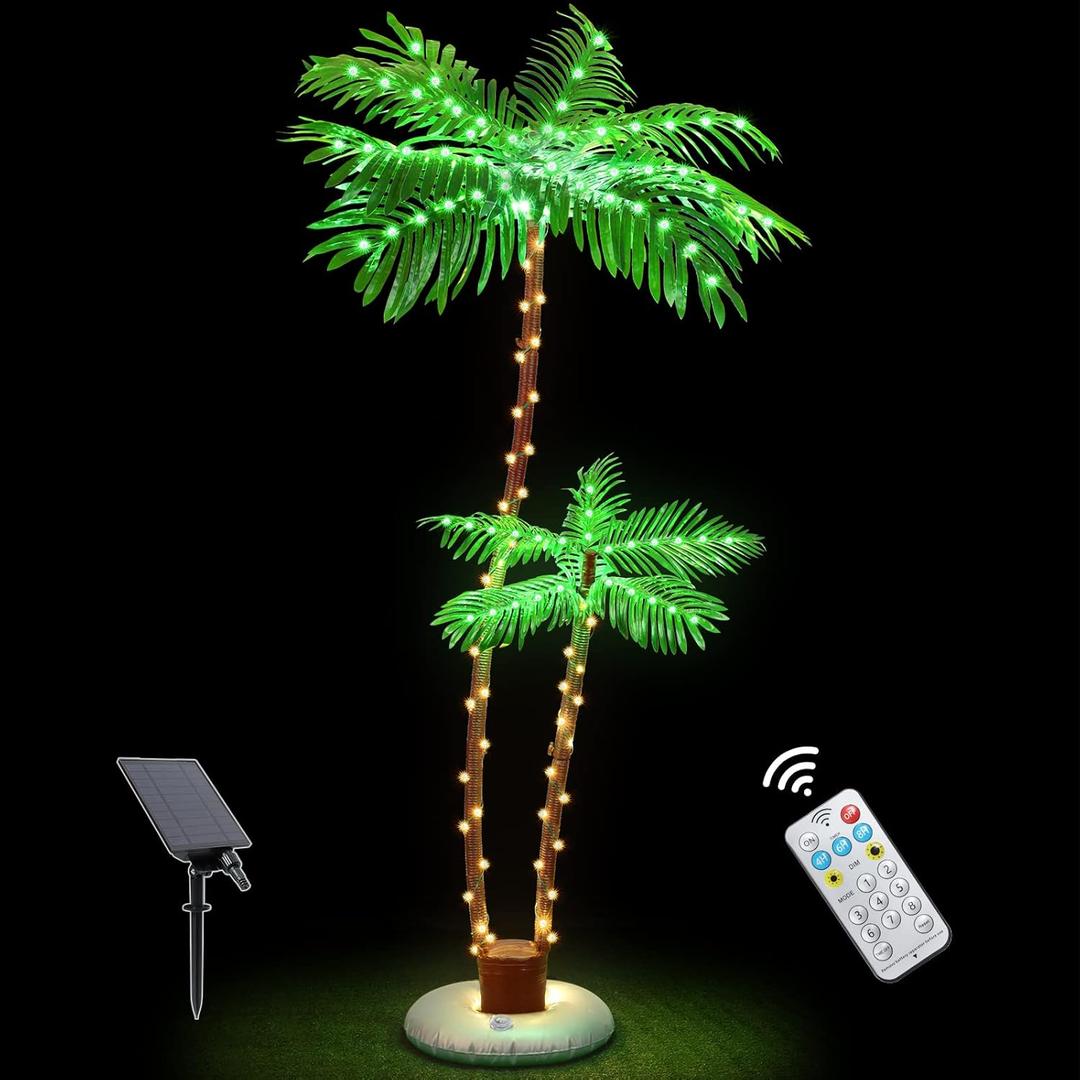 OUSHENG Solar Lighted Palm Trees for Outside Patio, Bar Pool Deck Outdoor Decorations Decor, Light Up LED Artificial Fake Tree Lights for Yard Tropical Party Christmas (6FT)