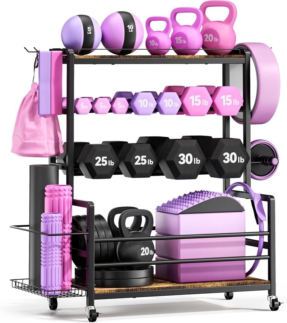 Dumbbell Rack with Wheels, 3-Tier Home Gym Storage Rack, Workout Equipment Organizer with Lockable Casters, Hooks, Side Basket and Wood Shelves