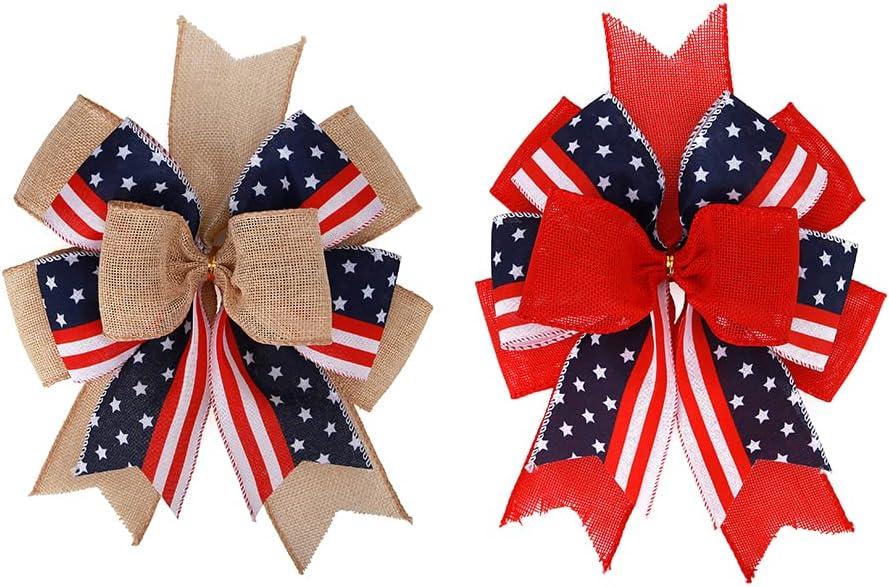 Meseey Patriotic Bows for Wreaths Large Burlap Red White Blue Stripe Stars Bow for 4th of July Independence Day Decor,Decorations Bunting Indoor Outdoor Decor and Patriotic Party (12x9.4 inch)