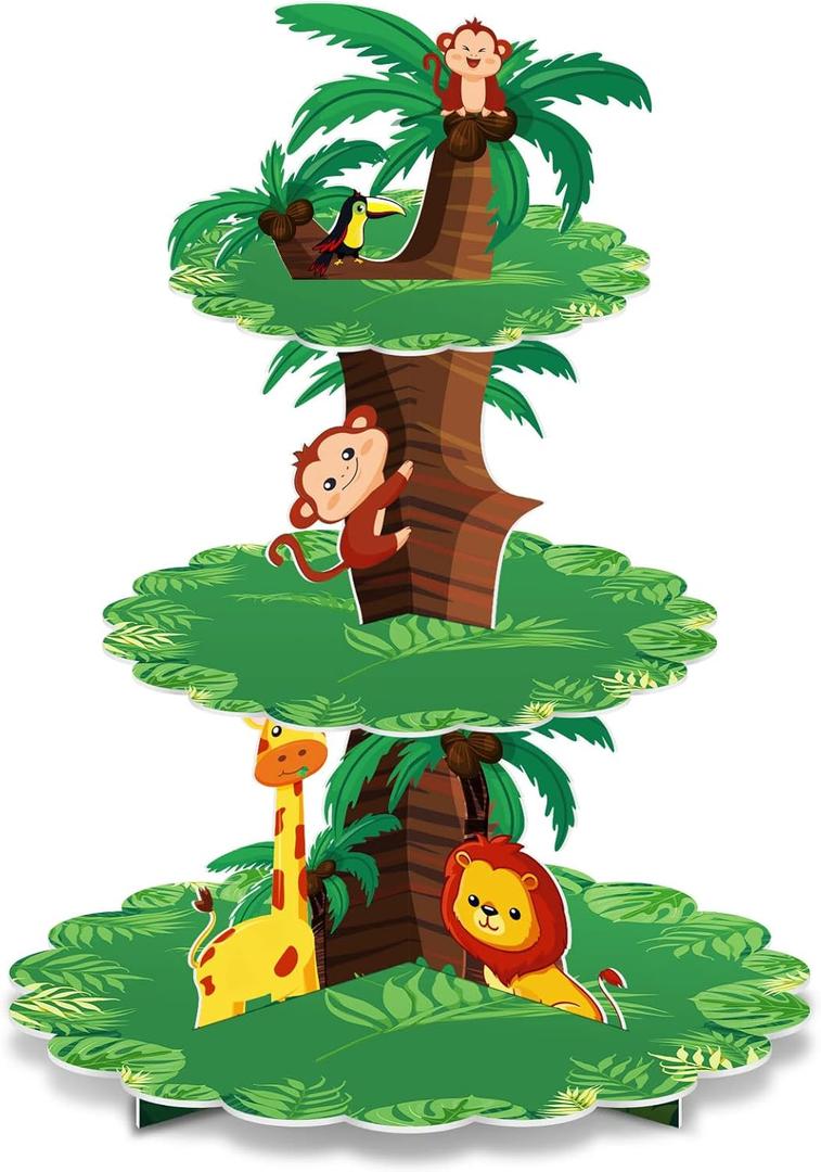 Safari Birthday Decorations 3 Tier Jungle Baby Shower Cupcake Stand Wild One Birthday Table Decor for Boys Lion Party Safari Zoo Party Favor Supplies