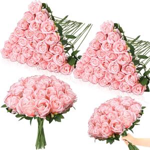 80 Pcs Roses Artificial Flowers, Silk Light Pink Artificial Flowers Petals Long Stem Roses for Wedding Bouquet Home Party Decor