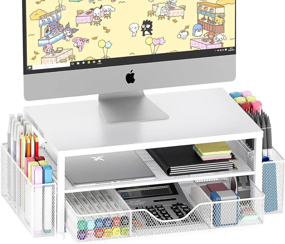 OPNICE Desk Organizers and Accessories, 2-Tier Computer Monitor Stand Riser with Drawer and 2 Pen Holders, Laptop Stand, Office Desk Accessories for Office Supplies, White (White 1-Pack)