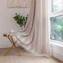Linen Curtains 63 Inch Length 2 Panels for Living Room Embroidery Khaki Boho Curtains for Bedroom Rustic Farmhouse Tassel Light Filtering Window Curtains Rod Pocket Drapes (52" W x 63" L,Khaki)