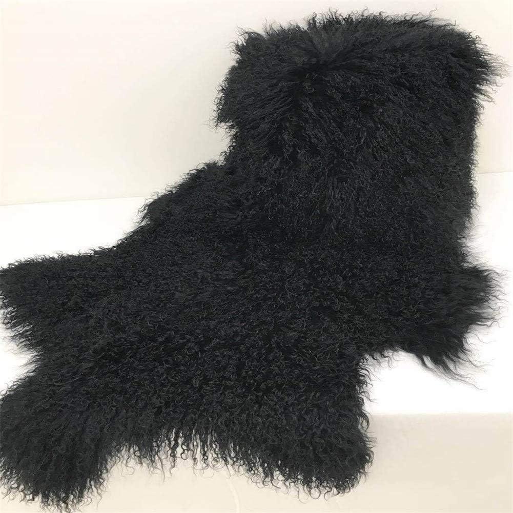 Genuine Tibetan/Mongolian Lambskin Sheepskin Hide Pelt Throw Area Rug Plate Wool Carpet Real Sheep Fur in Bedroom, Living Room 3.5x2Ft (Black)