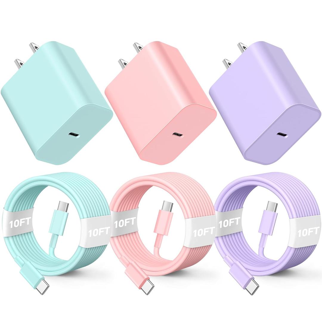 Compatible with iPhone17 16 15 Charger Fast Charging, 3 Pack 20W USB C Colorful Charger Block with 10 FT USB-C to C Cable Compatible with iPhone 17 16 15 Pro/Plus/Pro Max,Pad Pro 12.9/11 inch (Green Pink Purple)