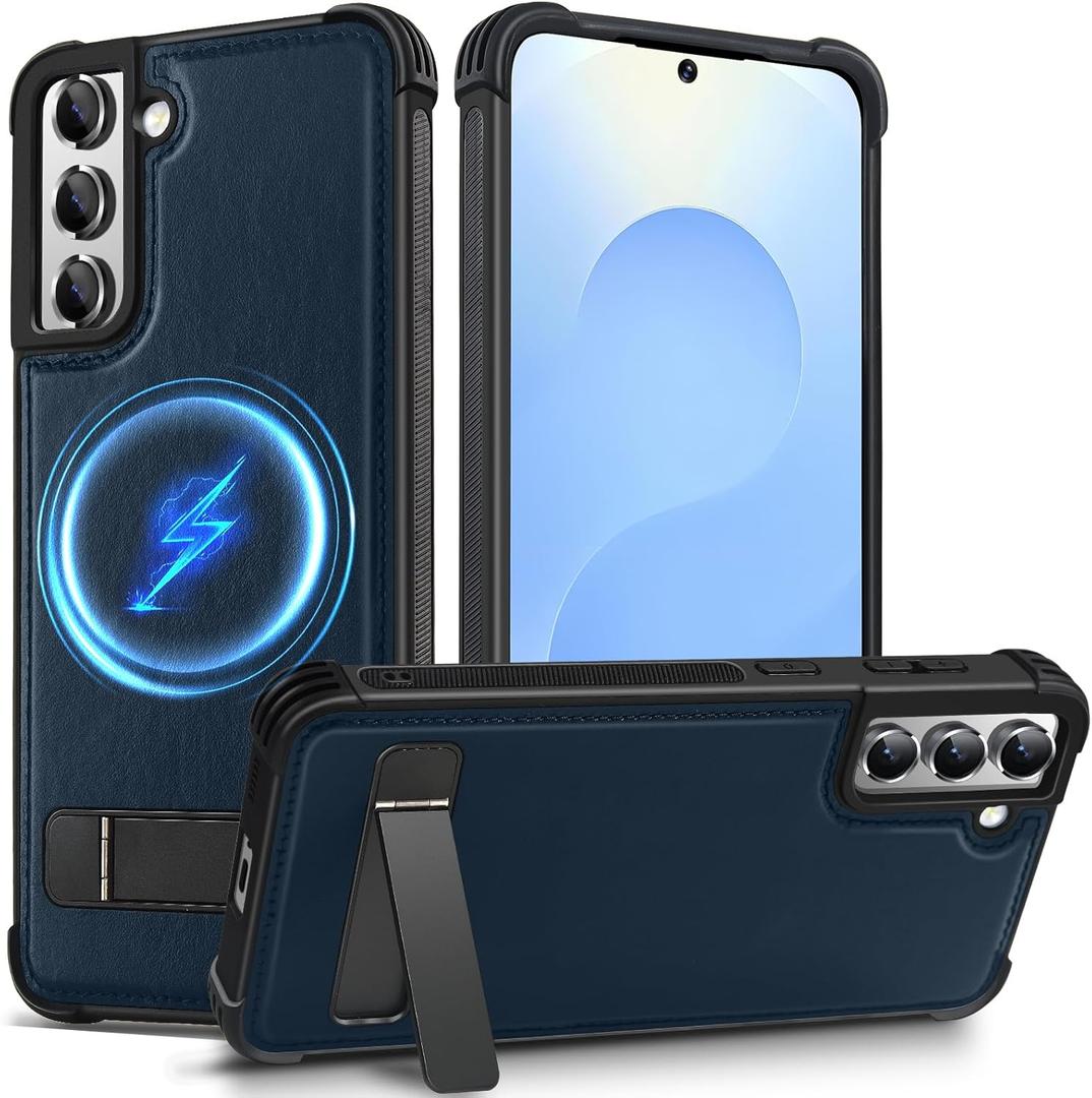 KEZiHOME Case for Samsung S22 Plus with Built-in Stand, Stronger Magnetic, Genuine Leather S22+ Phone Case Shockproof Protective Drop-Proof Cover for Galaxy S22+Plus 5G 6.6 Inch (Blue)