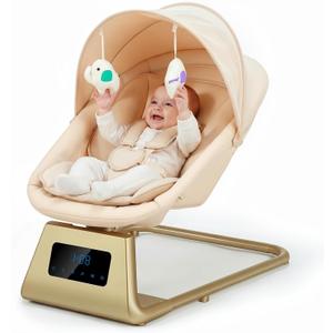 Pamo Babe Portable Baby Swing - Electric Baby Rocker with Cry Detection, 5 Swing Speeds, Bluetooth & Remote Control, Adjustable Backrest, Indoor & Outdoor Swing Chair for Newborn Babies - Beige