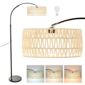 Arc Floor Lamp for Living Room, Stylish Rattan Boho Floor Lamp with 3 Color Temperature Dimmable LED Bulb, Farmhouse Tall Lamp, Arched Standing Lamp for Office Bedroom Living Room Corner (Beige)