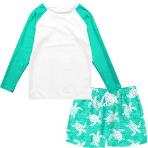 Boys Long Sleeve Rash Guard Swimsuit Kids 2-Pieces Bathing Suits Set (9-10 Years, Green Turtle)