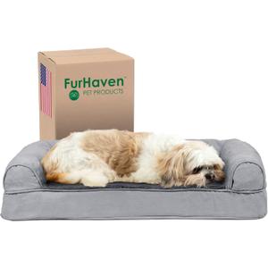 Furhaven Cooling Gel Dog Bed for Medium/Small Dogs w/ Removable Bolsters & Washable Cover, For Dogs Up to 35 lbs - Plush & Suede Sofa - Gray, Medium