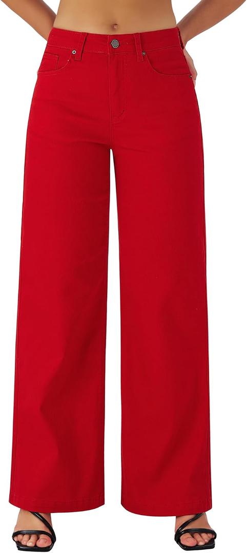 roswear Women's Wide Leg Jeans High Waisted Stretchy Denim Trouser Pants (Red, L)
