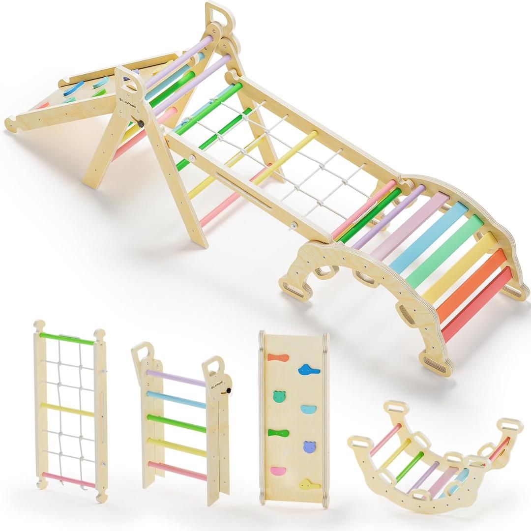 BlueWood 2024 8-in-1 Pikler Triangle Climbing Set Toddler Toys Indoor Baby Jungle Gym Climber Playground for Kids - Rainbow, Small