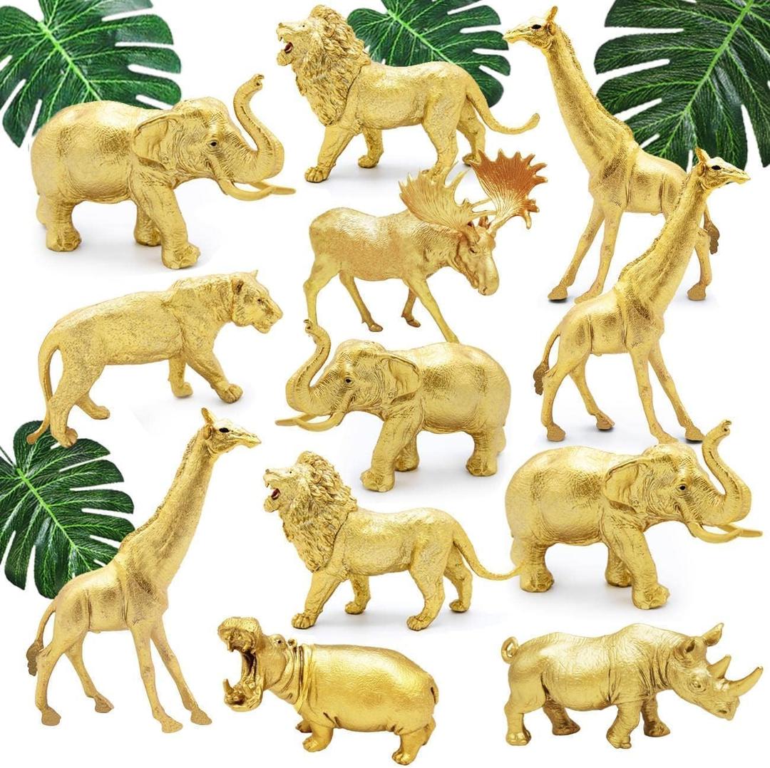Metallic Gold Plastic Animal Figurines Toys, 12PCS Golden Safari Zoo Animal Figures, Jungle Wild Animals for Baby Shower Decor, Safari Themed Birthday Party, Christmas Decoration Gifts