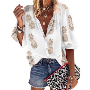 ZXZY Women Pineapple Printed Lapel Collar Half Sleeves Buttons Down Blouse Shirt (Small, White)