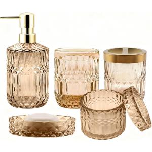 5Pcs Amber Bathroom Accessories Set, Glass Bathroom Accessories, Vintage Bathroom Countertop Decoration Includes Soap Dispenser, Toothbrush Holder, Qtip Holder,Soap Dish and Rinsing Cup