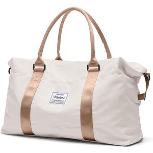 Travel Duffel Bag,Sports Tote Gym Bag,Shoulder Weekender Overnight Bag for Women (Beige & Brown)