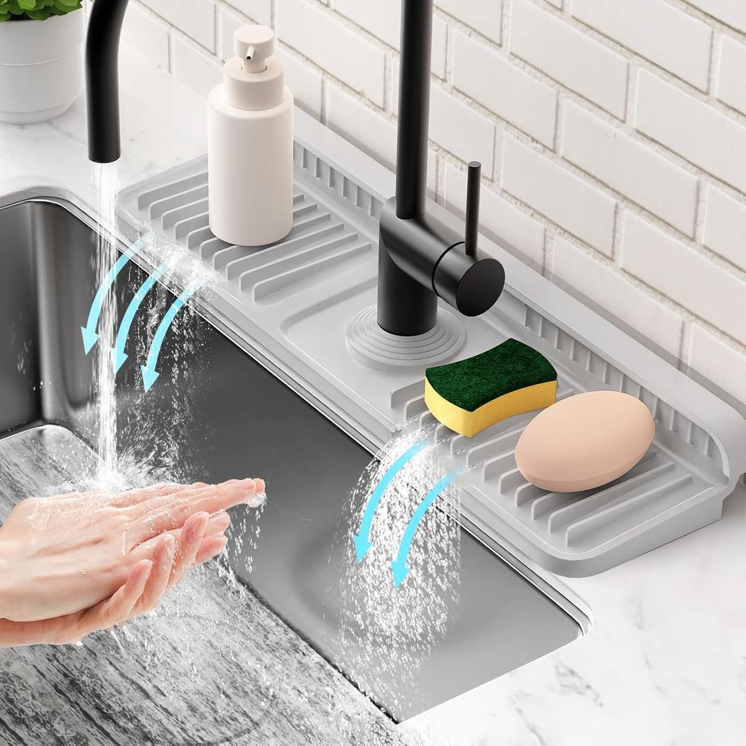 Folding Faucet Mat for Kitchen Sink Splash Guard[7 Slope Fast Self-draining][Snap Lock Fit] Kitchen Sink Faucet Mat Splash Guard Kitchen Sink Area Sink Water Splash Guard Behind Faucet Draining Mat (Light Gray)