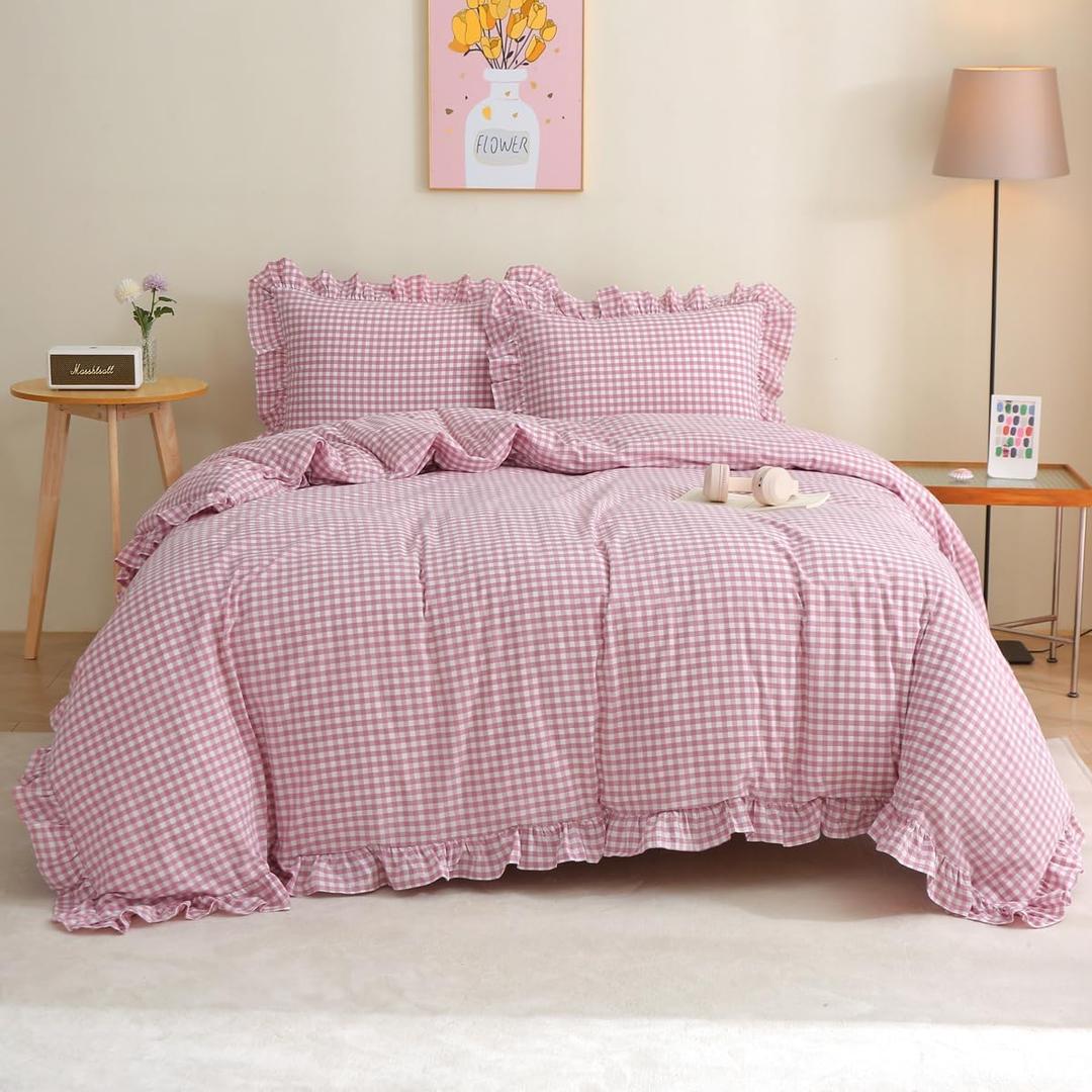Silnuo Vintage Pink/White Plaid Ruffle 3-Piece Duvet Cover Set Full Size,Washed Cotton Shabby Gingham Checkered Bedding Set Farmhouse Comforter Set