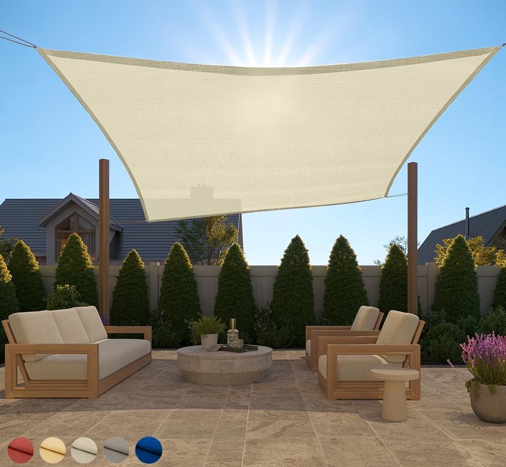 GORILLA GRIP Heavy Duty Sun Shade, UV Protection Fade Tear and Rust Resistant Rectangle Sunshade Canopy, Curved Edges Blocks Sunlight, Breathable Sail, Outdoor Patio, Lawn Garden 10x10 FT Butter Cream