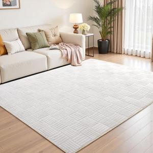 5x7 Cream White Washable Shag Area Rug for Girls Bedroom, Modern Geometric Non Slip Living Room Rugs, Fluffy Soft Thick Carpet for Kids Room, Dorm, Office, and Home Decor (5' x 7' (Rectangular))