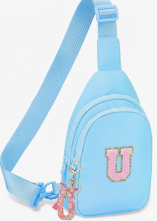 Birthday Gifts for for Girls Women- Personalized Initial Sling Bag Cross Body Bag Fashion Waist Packs Trendy Travel Fanny Pack with Initial Letter Patch Cute Stuff Blue U