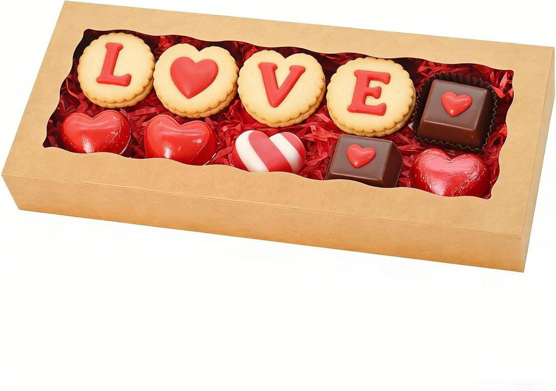 50pcs Cookie Boxes 12 x 5 x 1.5 Inch Bakery Boxes with window Chocolate Covered Strawberries Box for Christmas Valentine's Mother's Day- Brown