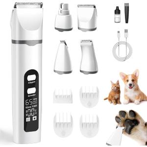 4 in 1 Dog Clippers Grooming Kit with LED Screen, Cordless Quiet Paw Trimmer & Nail Grinder, Rechargeable Waterproof Feet Ear Body Hair Shaver for Cats Dogs Pet Supplies